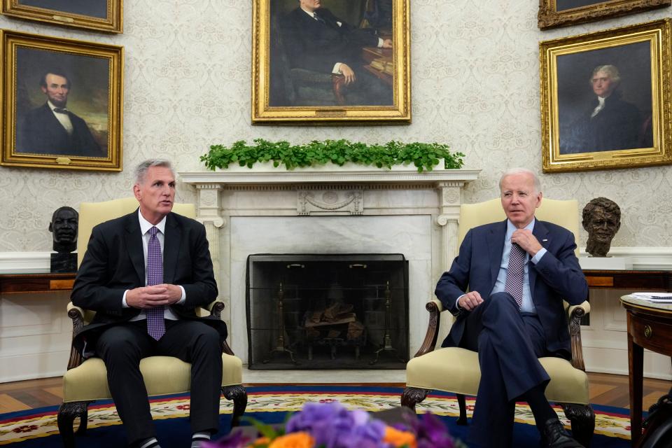 President Joe Biden meets with House Speaker Kevin McCarthy of California to discuss the debt limit in the Oval Office of the White House, on May 22, 2023.