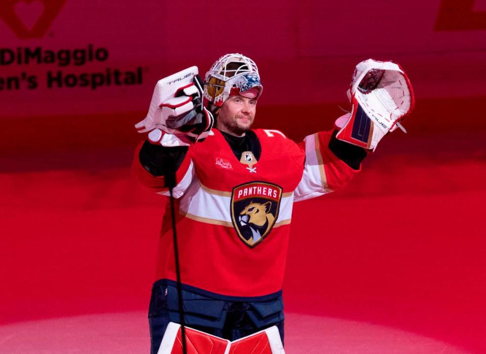Florida Panthers goaltender Sergei Bobrovsky (72) smiles and waves to fans after a hockey game against the <a class="link " href="https://sports.yahoo.com/nhl/teams/columbus/" data-i13n="sec:content-canvas;subsec:anchor_text;elm:context_link" data-ylk="slk:Columbus Blue Jackets;sec:content-canvas;subsec:anchor_text;elm:context_link;itc:0">Columbus Blue Jackets</a> on Thursday, April 11, 2024, at Amerant Bank Arena in Sunrise, Fla. The Panthers won 4-0. Alie Skowronski/askowronski@miamiherald.com