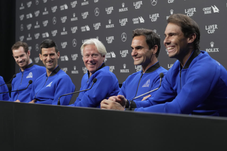 From left, Britain's Andy Murray, Serbia's Novak Djokovic, Captain Björn Borg, Switzerland's Roger Federer and Spain's Rafael Nadal attend a press conference ahead of the Laver Cup tennis tournament at the O2 in London, Thursday, Sept. 22, 2022. (AP Photo/Kin Cheung)