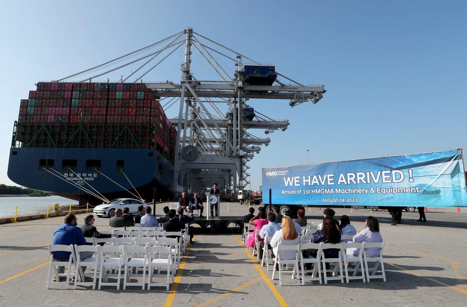 Oscar Kwon, president and CEO of Hyundai Motor Group Metaplant America, speaks Monday, August 14, 2023 during a special ceremony at the Georgia Ports to mark the arrival of the first shipment of equipment for the Hyundai Metaplant.