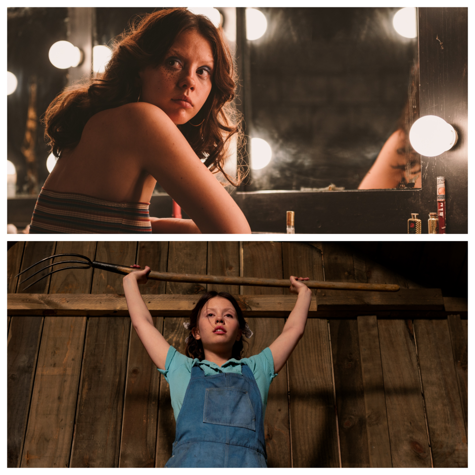 Mia Goth first played fame-starved actress Maxine in the 2022 horror film "X" (top) and dug into the backstory of "X" villain Pearl as a young woman in the prequel of the same name.