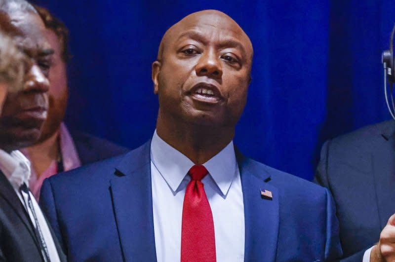 Sen. Tim Scott, R-S.C., said he wants to "break the backs" of teachers unions, saying it is the "only way to change education." Photo by Tannen Maury/UPI