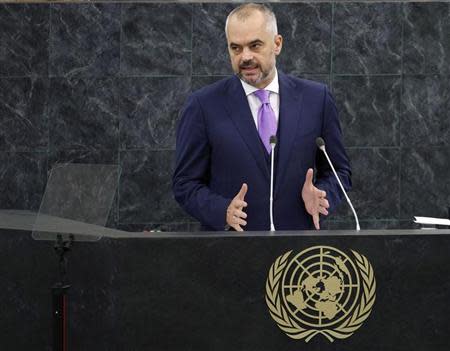 Albania's Prime Minister Edi Rama addresses the 68th United Nations General Assembly at the U.N. headquarters in New York September 28, 2013. REUTERS/Adam Hunger