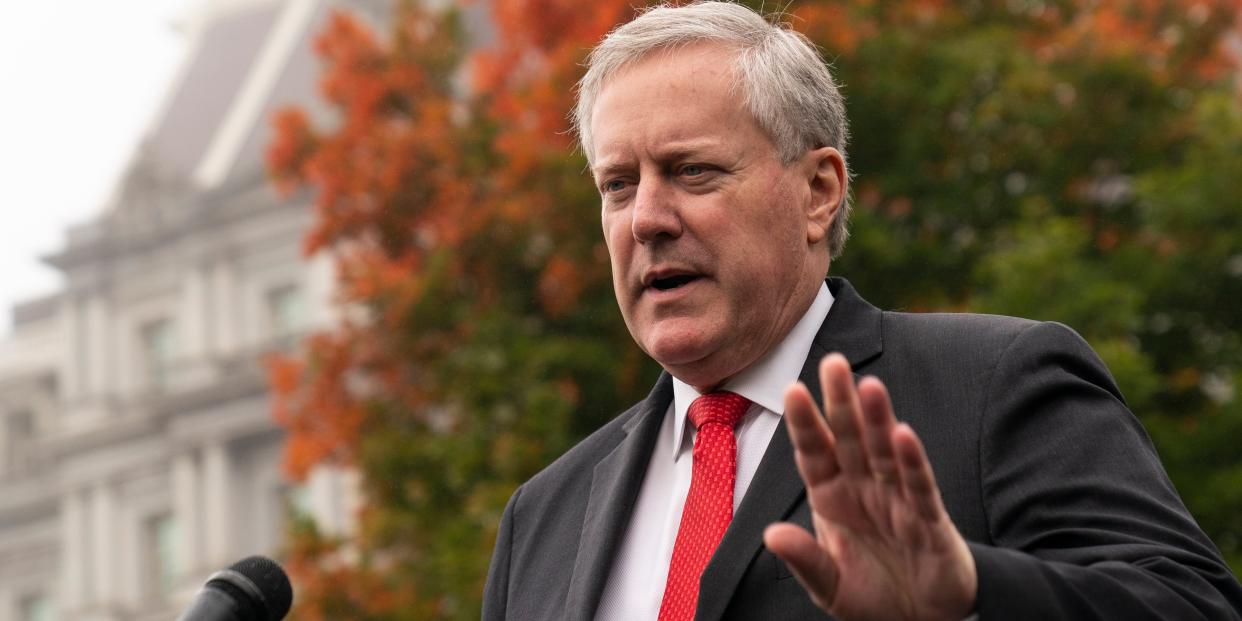 White House chief of staff Mark Meadows speaks with reporters at the White House, Wednesday, Oct. 21, 2020, in Washington.