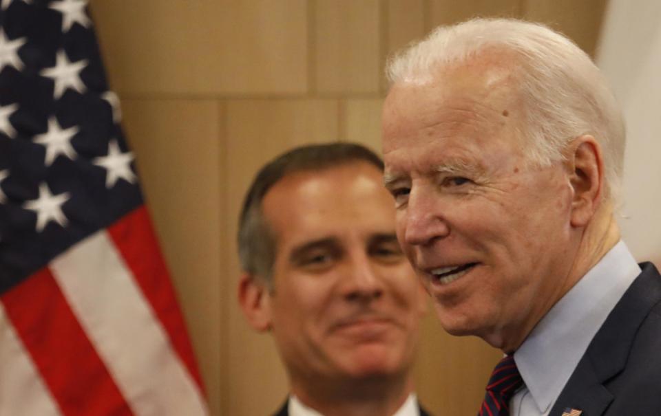 Joe Biden and Los Angeles Mayor Eric Garcetti in 2020.