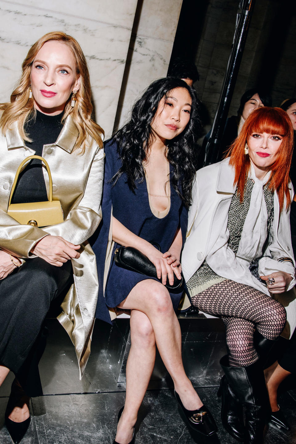 Uma Thurman, Awkwafina and Natasha Lyonne at the Tory Burch fall 2024 ready-to-wear show