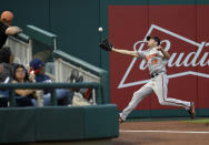 <p>Baltimore Orioles right fielder Seth Smith chases a foul ball by Washington Nationals’ Daniel Murphy during the second inning of an interleague baseball game, May 10, 2017, in Washington. (Photo: Nick Wass/AP) </p>