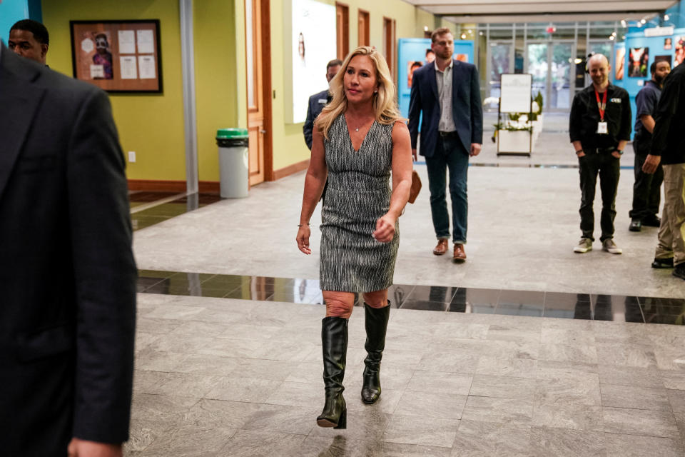 U.S. Representative Marjorie Taylor Greene walks after participating in a debate at the Georgia Public Broadcasting offices in Atlanta, Georgia, U.S. October 16, 2022. REUTERS/Elijah Nouvelage