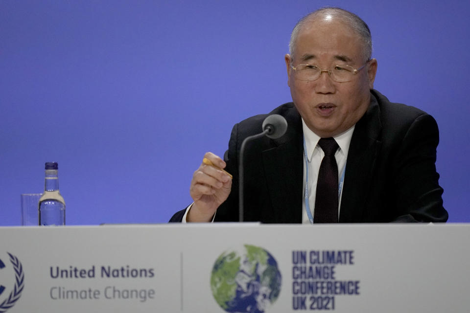 China's Special Envoy for Climate Change Xie Zhenhua speaks at the COP26 U.N. Climate Summit, in Glasgow, Scotland, Wednesday, Nov. 10, 2021. The U.N. climate summit in Glasgow has entered its second week as leaders from around the world, are gathering in Scotland's biggest city, to lay out their vision for addressing the common challenge of global warming. (AP Photo/Alastair Grant)