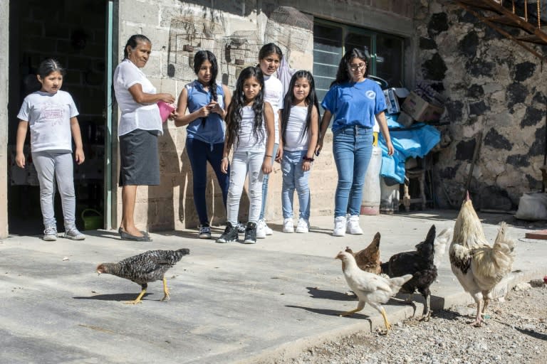 Mexican Atanacia Carvete teaches her US-born granddaughters to feed hens during a family reunion