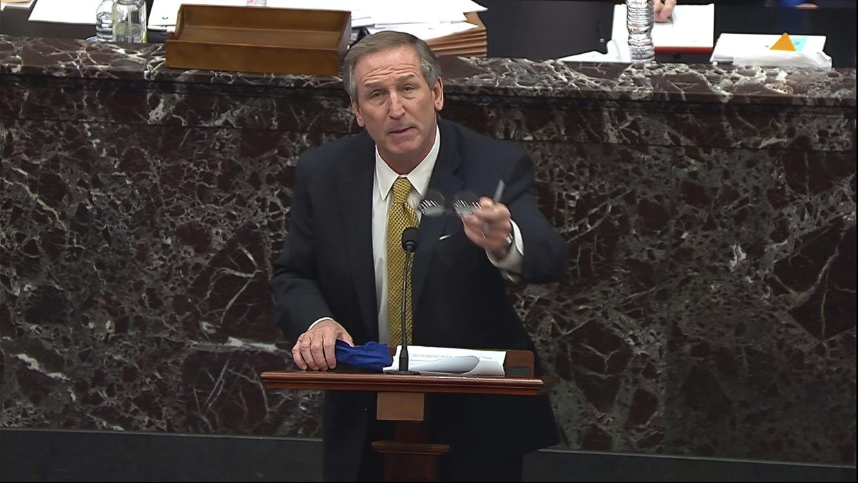 In this image from video, Michael van der Veen, an attorney for former President Donald Trump, answers a question from Sen. Susan Collins, R-Maine, and Sen. Lisa Murkowski, R-Alaska, during the second impeachment trial of former President Donald Trump in the Senate at the U.S. Capitol in Washington, Friday, Feb. 12, 2021. (Senate Television via AP)