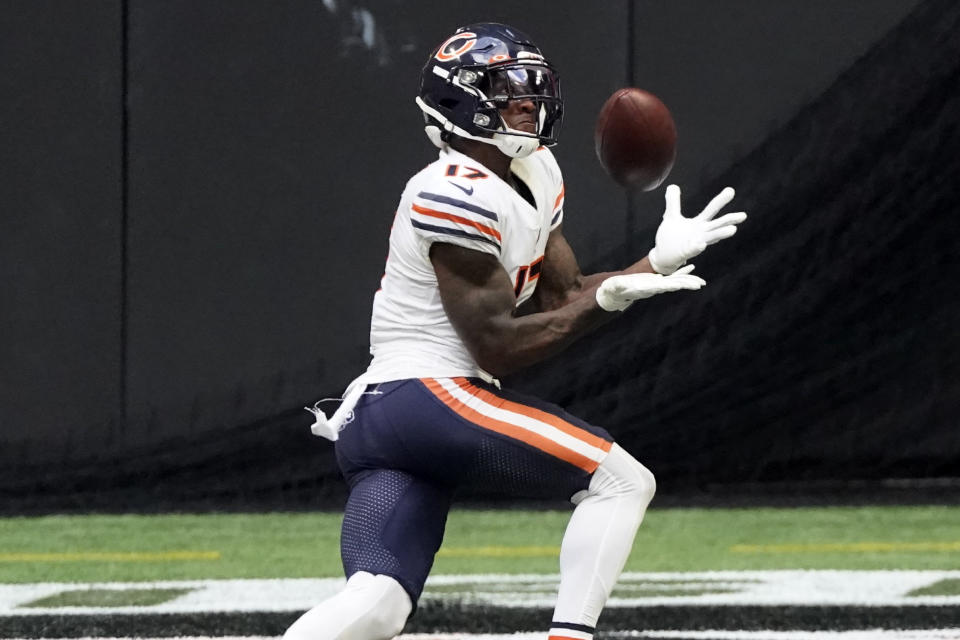 Chicago Bears wide receiver Anthony Miller (17) makes a touchdown catch against the Atlanta Falcons during the second half of an NFL football game, Sunday, Sept. 27, 2020, in Atlanta. (AP Photo/John Bazemore)