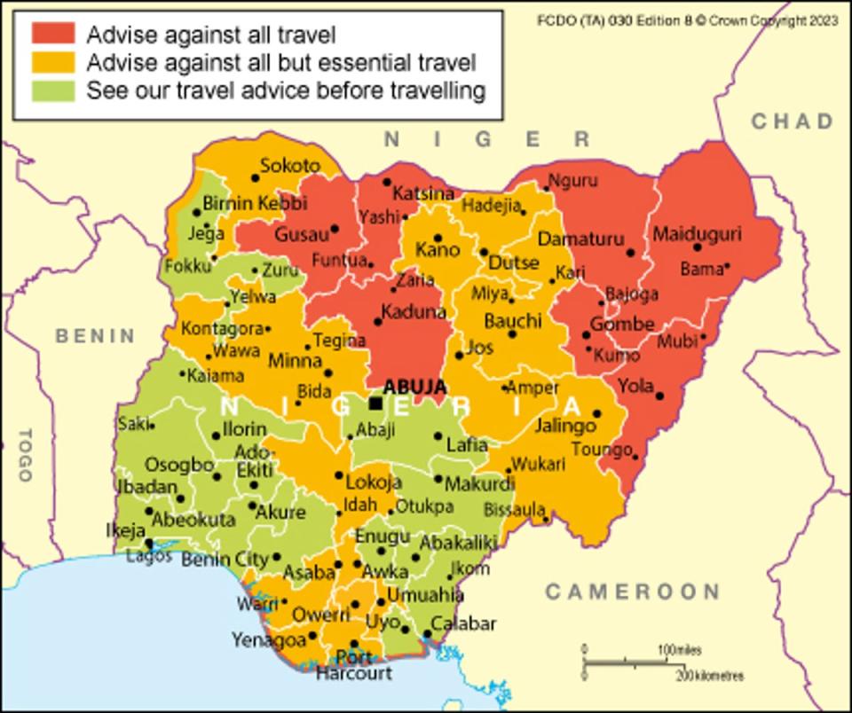 The Nigerian map based on which territories are considered safe (FCDO)