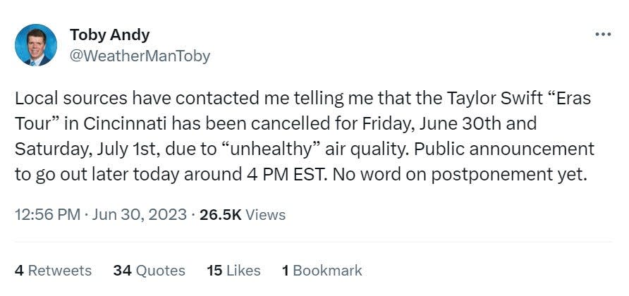 @WeatherManToby, a Twitter account claiming to be a WKRC-TV meteorologist, said Taylor Swift's Cincinnati concerts were canceled due to poor air quality.