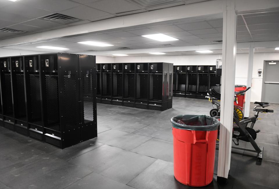 The player locker room in trailers in the east parking lot of Jones AT&T Stadium is shown on Friday. Visiting teams will use the temporary setup this season, and Texas Tech players and staff will use the compound during off-season conditioning and spring football.