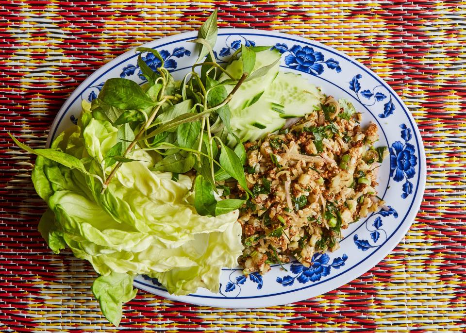 Cauliflower might not be a traditional ingredient in larb recipes, but the toasted rice powder is. Look for sticky rice in the bulk bin and the international section. <a rel="nofollow noopener" href="https://www.bonappetit.com/recipe/roasted-cauliflower-larb?mbid=synd_yahoo_rss" target="_blank" data-ylk="slk:See recipe.;elm:context_link;itc:0;sec:content-canvas" class="link ">See recipe.</a>