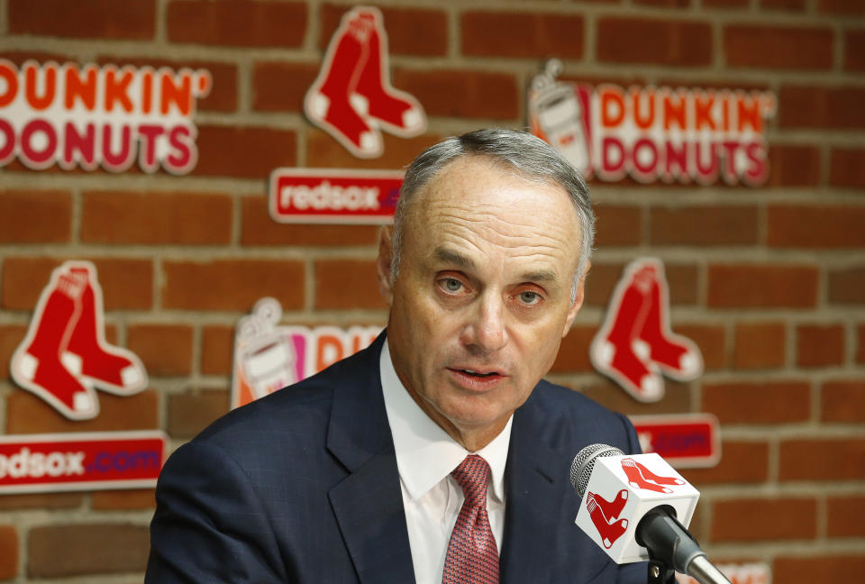 MLB Commissioner Rob Manfred at a recent news conference at Fenway Park. (AP)