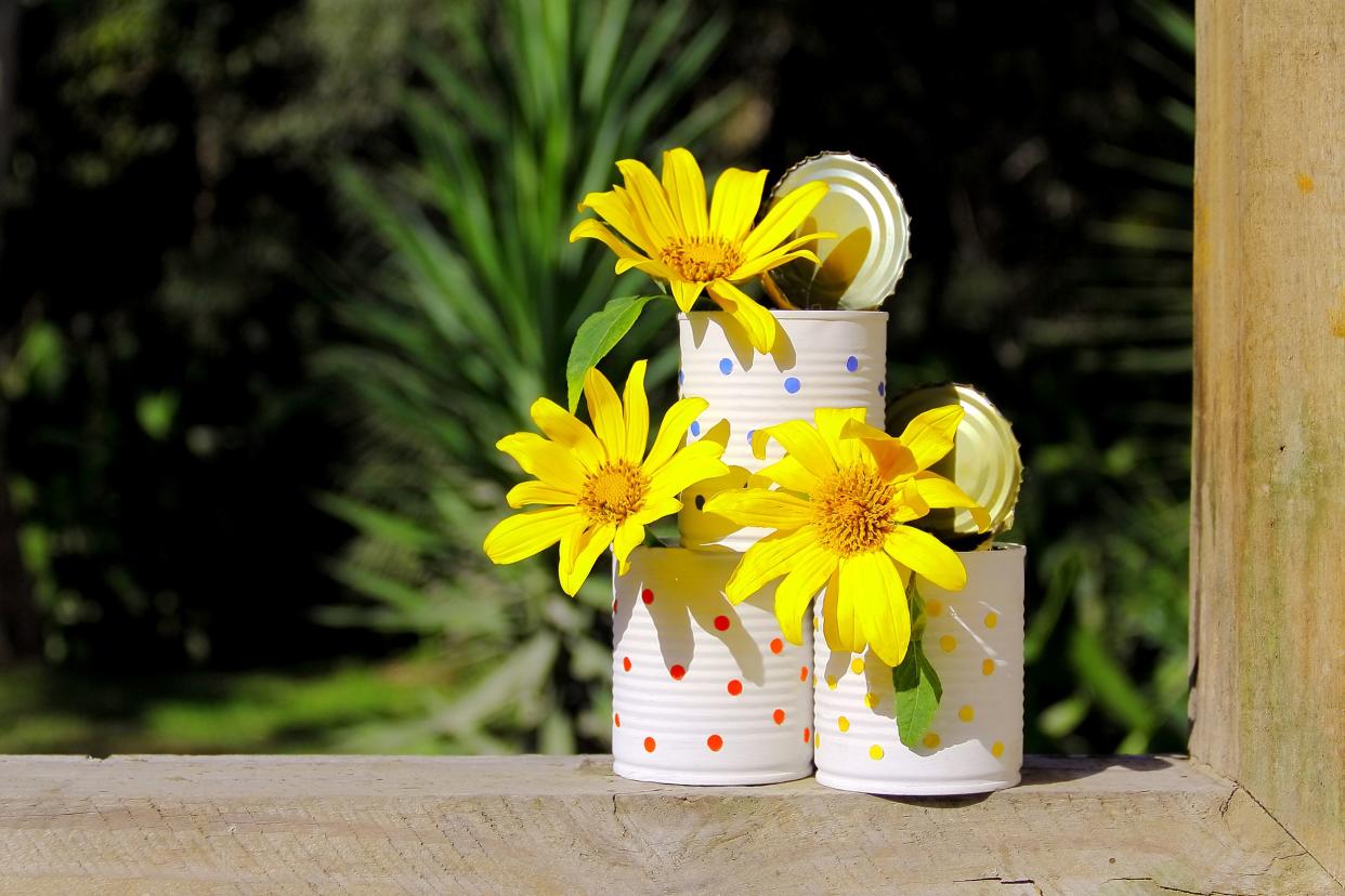 Flowers in tin cans