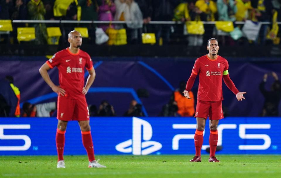 Fabinho, left, and Virgil van Dijk react to Liverpool going 2-0 down on the night (Adam Davy/PA) (PA Wire)