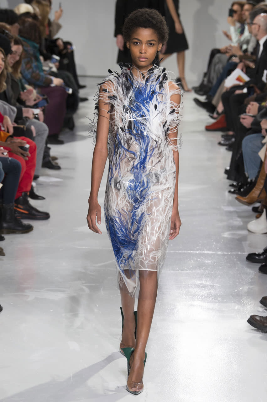 <p>A feathered cocktail dress from Calvin Klein Collection (Photo: Getty Images) </p>