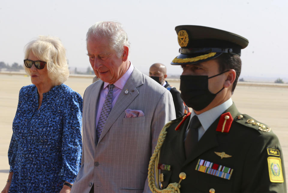 Britain's Prince Charles and his wife Camilla, Duchess of Cornwall, arrive to Amman, Jordan, Tuesday, Nov. 16, 2021, on a four-day tour to Jordan and Egypt. (AP Photo/Raad Adayleh)