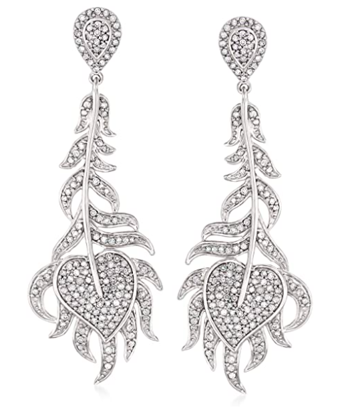 Ross-Simons 1.00 ct. t.w. Diamond Feather Drop Earrings in Sterling Silver