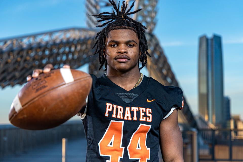 Putnam City edge rusher and Colorado signee Taje McCoy, pictured Thursday at Scissortail Bridge, is The Oklahoman's All-State Defensive Player of the Year.