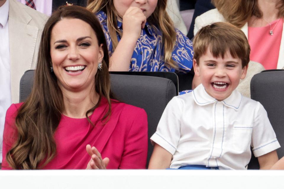 Duchess Kate and Prince Louis smile while watching the Platinum Jubilee Pageant on June 5.