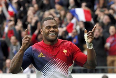 Rugby Union - France vs Italy - Stade de France, Paris, France - 6/2/16. France's Virimi Vakatawa celebrates after scoring a try during a Six Nations tournament match. REUTERS/Gonzalo Fuentes