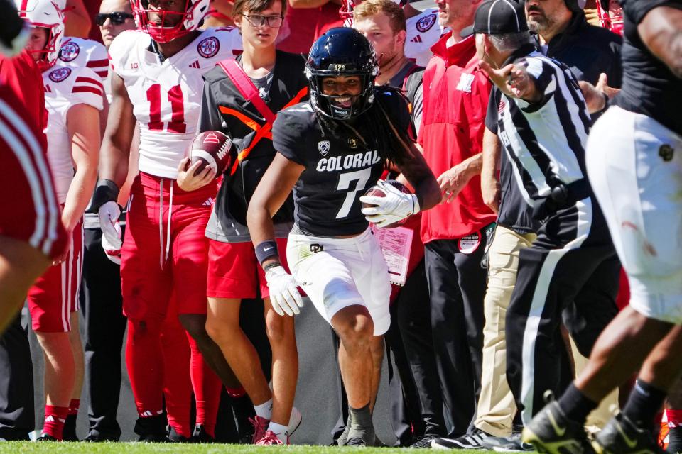 Colorado Buffaloes safety Cam'Ron Silmon-Craig (7) reacts after making an interception against the Nebraska Cornhuskers in the second quarter at Folsom Field on Sept. 9, 2023, in Boulder.