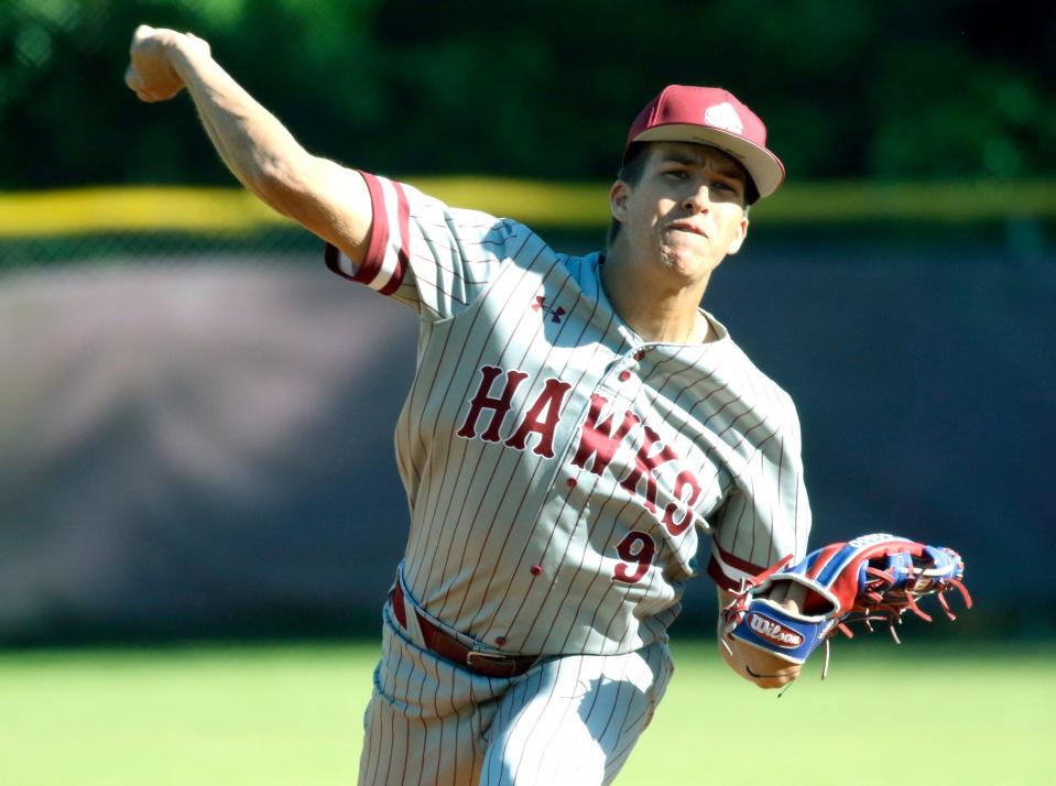 Santa Fe Catholic pitcher Gavin Stedman pitches against Owasso on Wednesday in the third-place game of the Dan Giannini Hawk Baseball Classic.