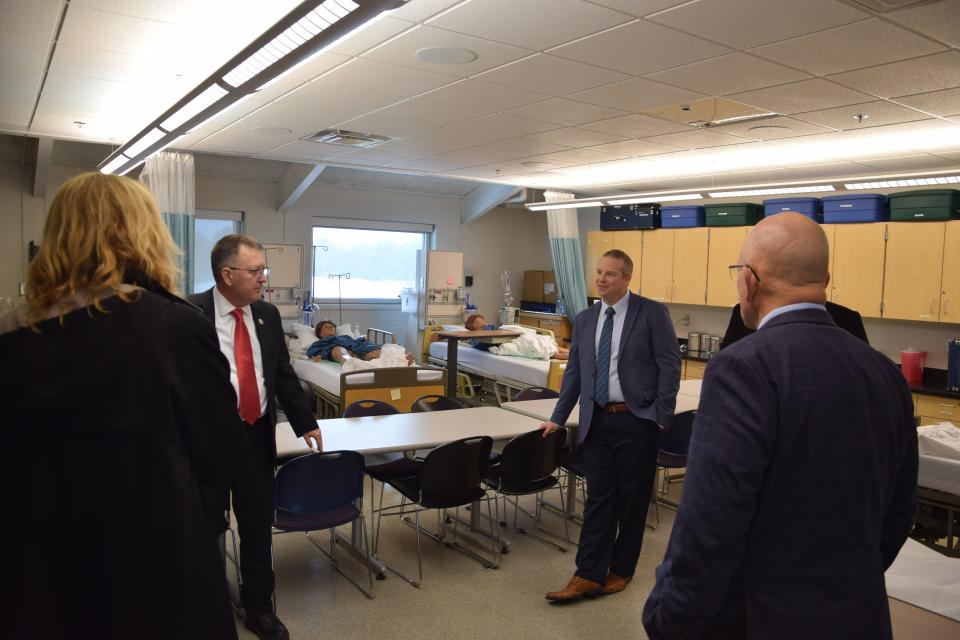 Dean of Nursing and Health Sciences Brent LaFaive shows off the Allied Health/CNA Lab classroom at North Central Michigan College Jan. 30, 2024.