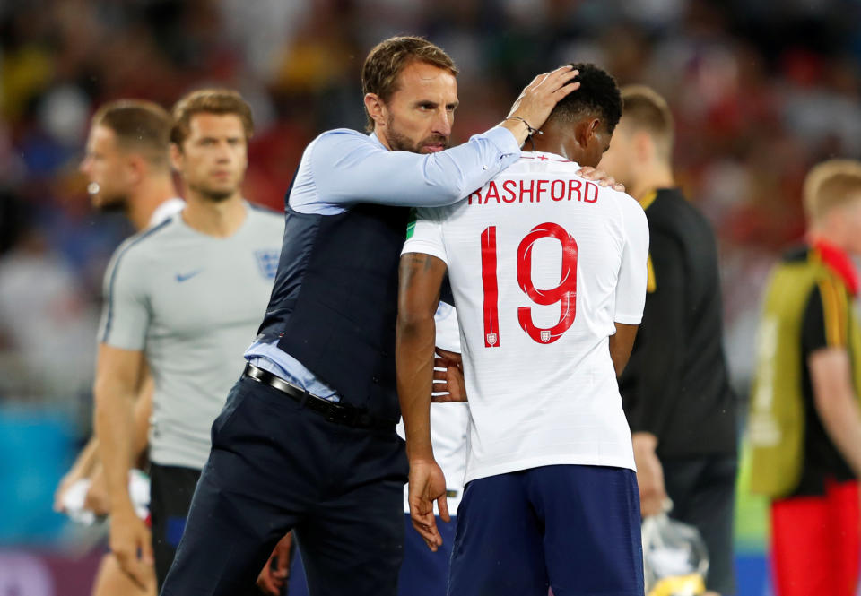 Sorry, boss: England manager Gareth Southgate and Marcus Rashford at full-time