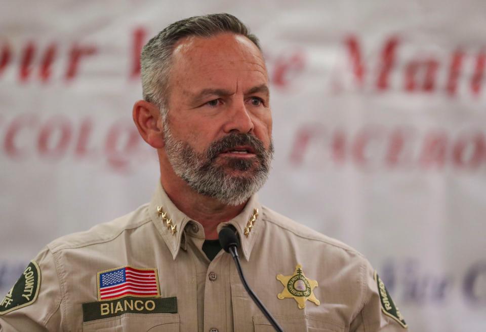 Riverside County Sheriff Chad Bianco speaks during a Concerned Citizens of La Quinta event at the La Quinta Resort and Club in La Quinta, Calif., Wednesday, Jan. 26, 2022. 