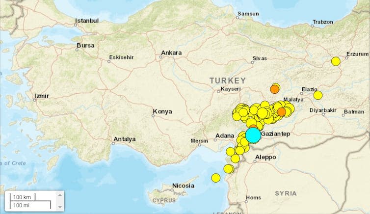 Epicentres of quakes clearly aligned along the East Anatolian Fault running northeast from the coast near the Turkish-Syrian border/