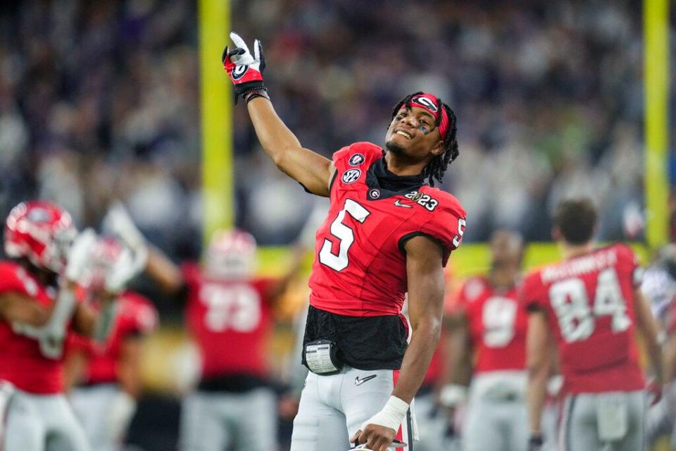 Georgia defensive back Kelee Ringo (5) reacts during the second half of the national championship NCAA College Football Playoff game against TCU, Monday, Jan. 9, 2023, in Inglewood, Calif. (AP Photo/Ashley Landis)