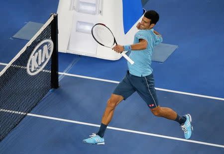 Tennis - Australian Open - Melbourne Park, Melbourne, Australia - 17/1/17 Serbia's Novak Djokovic celebrates after winning his Men's singles first round match against Spain's Fernando Verdasco. REUTERS/Jason Reed