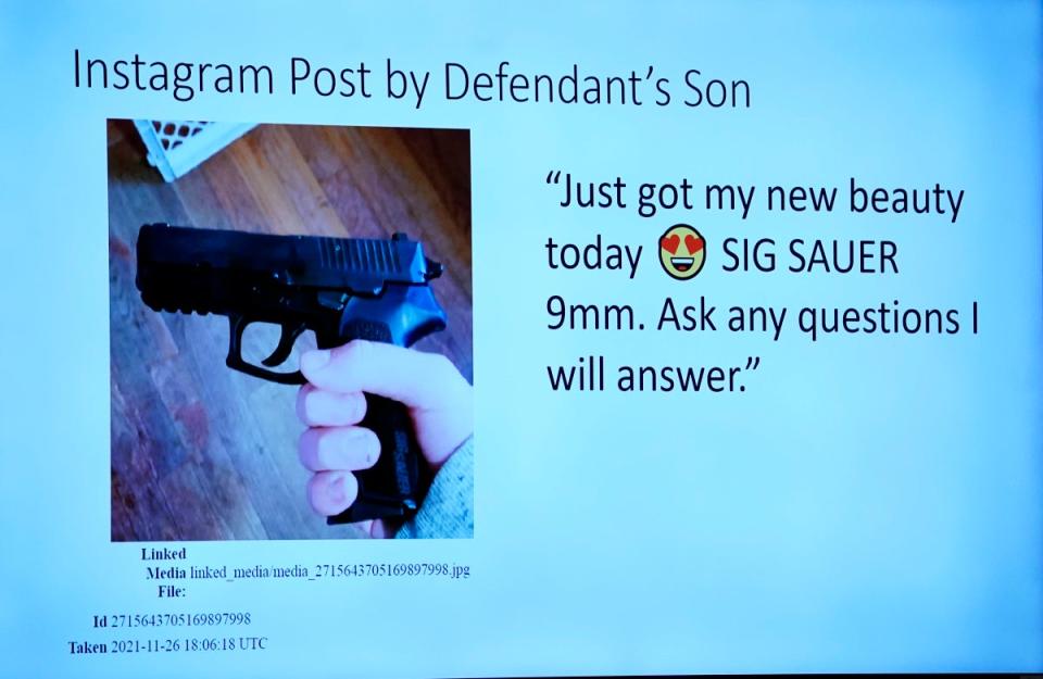 An Instagram post is entered into evidence of Ethan Crumbley showing off the murder weapon during the trial of his father James Crumbley (AP)