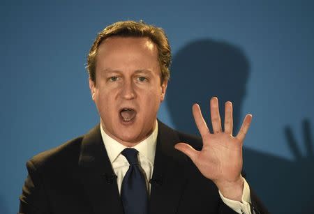 Britain's Prime Minister David Cameron speaks at the Welsh Conservative Party Conference in Cardiff, Wales February 27, 2015. REUTERS/Rebecca Naden