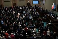 Law and Justice (PiS) leader Jaroslaw Kaczynski and other parliamentarians attend the Polish Parliament session in Warsaw