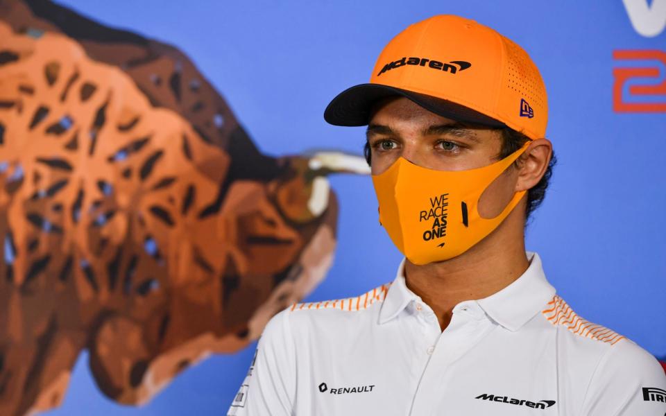 Mclaren driver Lando Norris of Britain speaks during drivers news conference the at the Red Bull Ring racetrack in Spielberg - Mark Sutton/Pool via AP