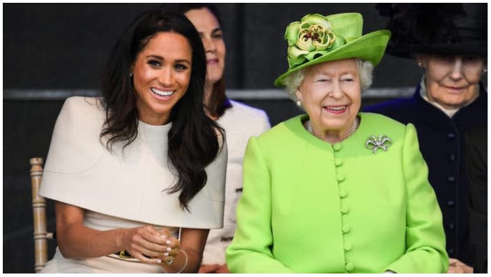 Queen Elizabeth II sits with Meghan, Duchess of Sussex during a ceremony to open the new Mersey Gateway Bridge on June 14, 2018 in the town of Widnes in Halton, Cheshire, England. (Photo by Jeff J Mitchell/Getty Images)