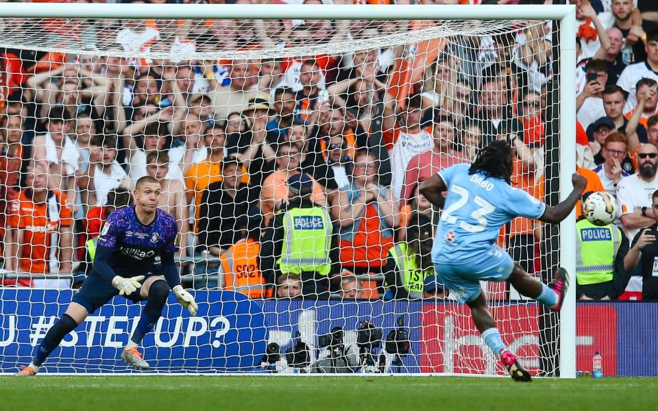 Fankaty Dabo of Coventry City misses his penalty in the shoot-out during the Sky Bet Championship Play-Off Final between Coventry City and Luton Town at Wembley Stadium - MB Media/Craig Mercer