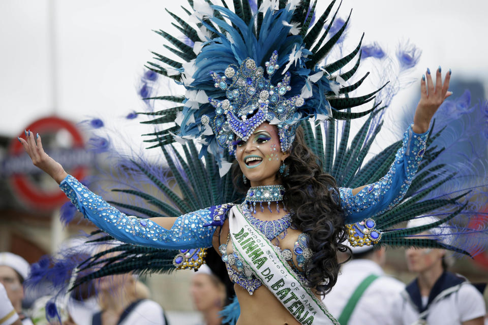 Costumed revellers perform in the parade during the Notting Hill Carnival in London, Monday, Aug. 27, 2018. (Photo: Tim Ireland/AP)