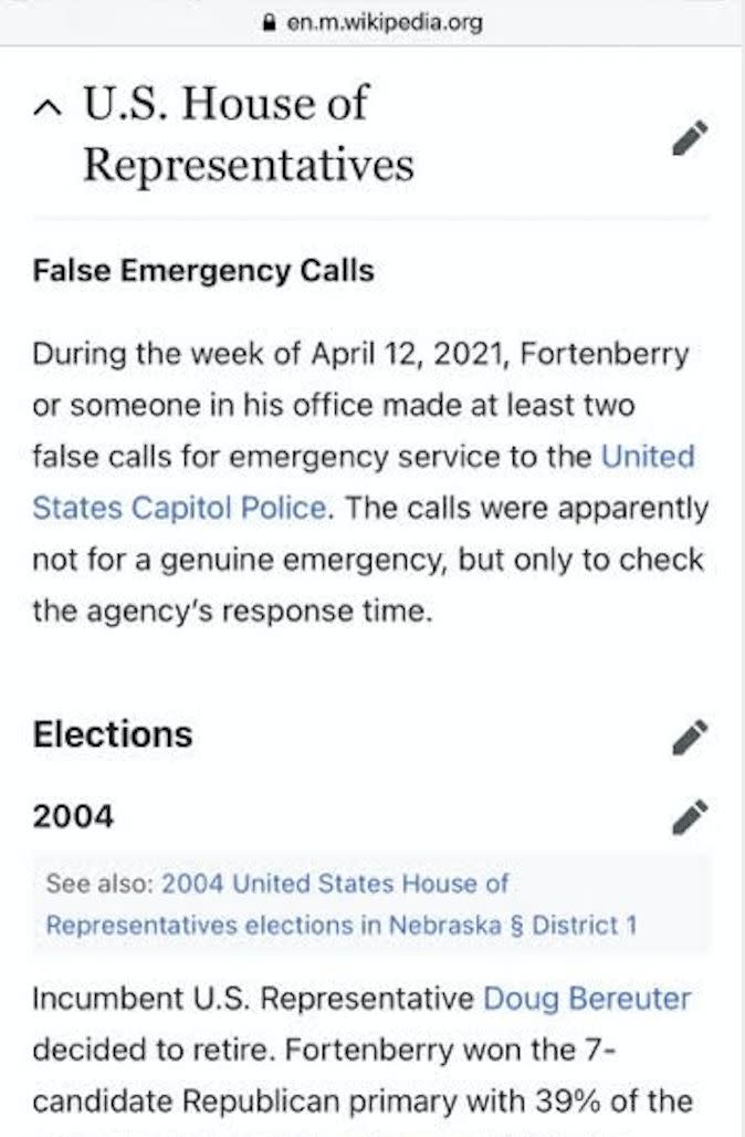 A screenshot of Rep. Jeff Fortenberry's Wikipedia page. The section titled "False Emergency Calls" was later deleted. (Photo: Wikipedia)