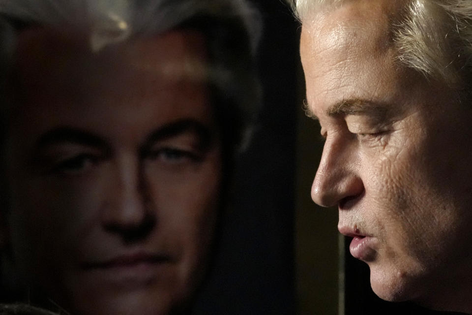 FILE - Geert Wilders, leader of the Party for Freedom, known as PVV, answers questions to the media after announcement of the first preliminary results of general elections in The Hague, Netherlands, Wednesday, Nov. 22, 2023. Voters across the Netherlands have veered far to the right politically. The shift has been triggered by economic and cultural anxieties that have whipped up fears about immigrants. It's an extreme example of a trend being felt across the continent that could tilt the outcome of this year's European Union parliamentary election. (AP Photo/Peter Dejong, File)