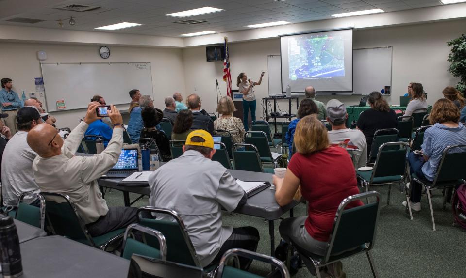 Michelle Smith with the Florida Department of Agricultural and Consumer Service discusses water quality and monitoring in the Pensacola area bay system during an oyster roundtable discussion on Tuesday, Jan. 31, 2023.