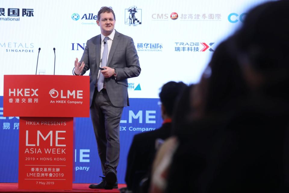 London Metal Exchange (LME) chief executive Matthew Chamberlain delivered a speech during the LME Asia week hosted at the Hong Kong stock exchange in Central, Hong Kong on 7 May 2019. Photo: K.Y. Cheng