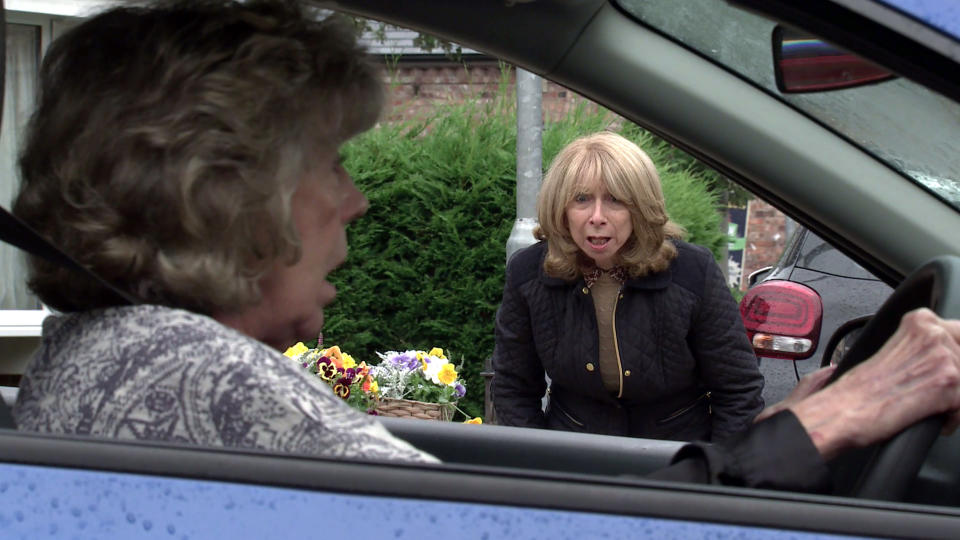 FROM ITVSTRICT EMBARGO - No Use Before  Tuesday 21st September  2021Coronation Street - Ep 10442Wednesday 29th September 2021 - 1st Ep Audrey Roberts [SUE NICHOLS] gets in her car but thereÕs a loud crunch. SheÕs aghast as Gail Rodwell [HELEN WORTH] reveals sheÕs reversed into RitaÕs car. Picture contact David.crook@itv.comThis photograph is (C) ITV Plc and can only be reproduced for editorial purposes directly in connection with the programme or event mentioned above, or ITV plc. Once made available by ITV plc Picture Desk, this photograph can be reproduced once only up until the transmission [TX] date and no reproduction fee will be charged. Any subsequent usage may incur a fee. This photograph must not be manipulated [excluding basic cropping] in a manner which alters the visual appearance of the person photographed deemed detrimental or inappropriate by ITV plc Picture Desk. This photograph must not be syndicated to any other company, publication or website, or permanently archived, without the express written permission of ITV Picture Desk. Full Terms and conditions are available on  www.itv.com/presscentre/itvpictures/terms