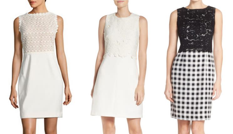 From left to right, an Ivanka Trump brand dress, a Vince Camuto dress, and an Ellen Tracy dress. Each has a similar cut and vibe, and each brand has a licensing agreement with or is owned by the G-III Apparel group. (Photos: Lord & Taylor, Nordstrom)